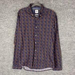 NEW ZARA Slim Fit Navy Blue Floral Print Long Sleeve Button Down Shirt Mens S